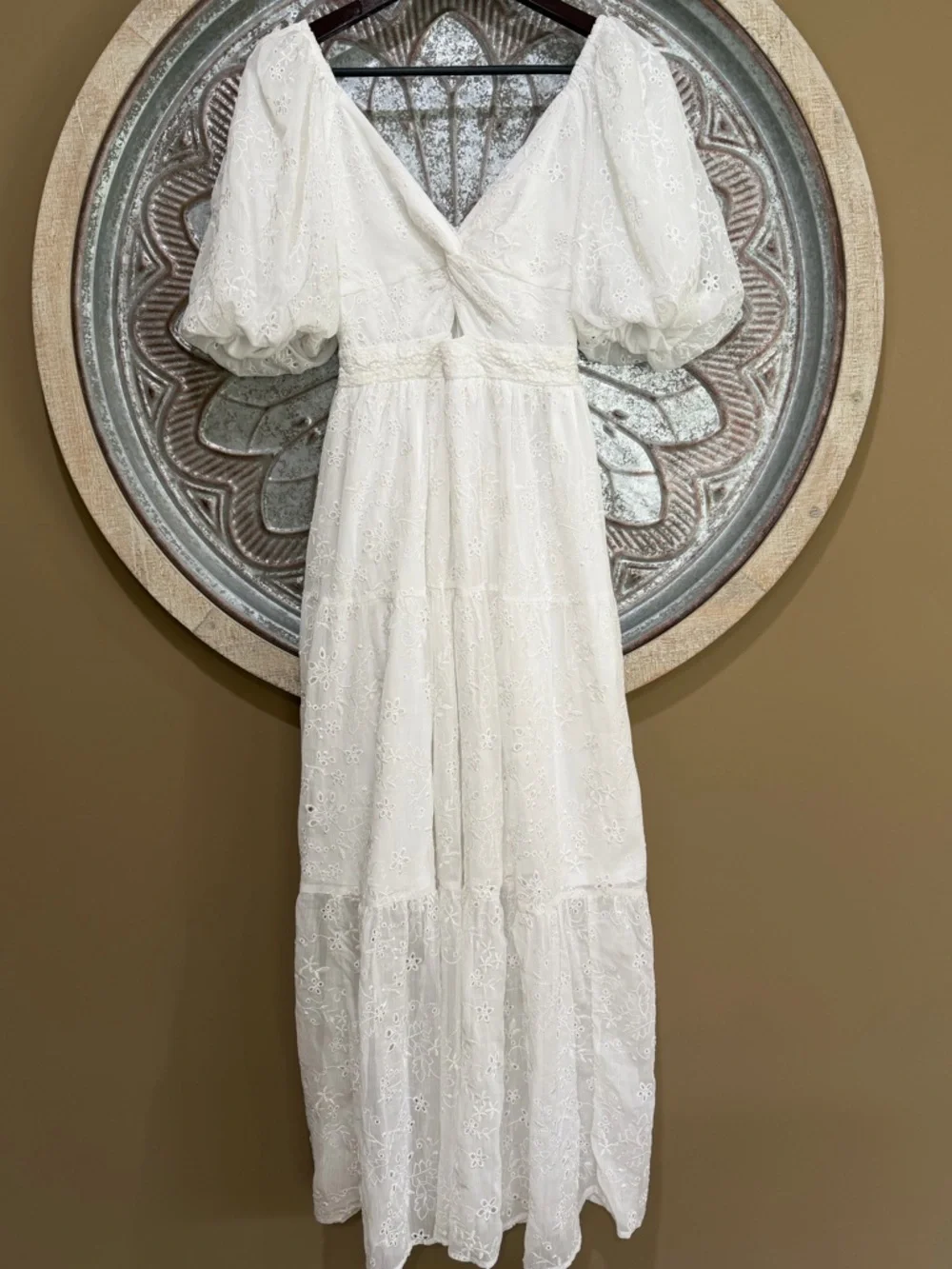 NWT Altar'd State White Eyelet Maxi Dress with Twist Front and Puff Sleeves - Picture 5 of 9